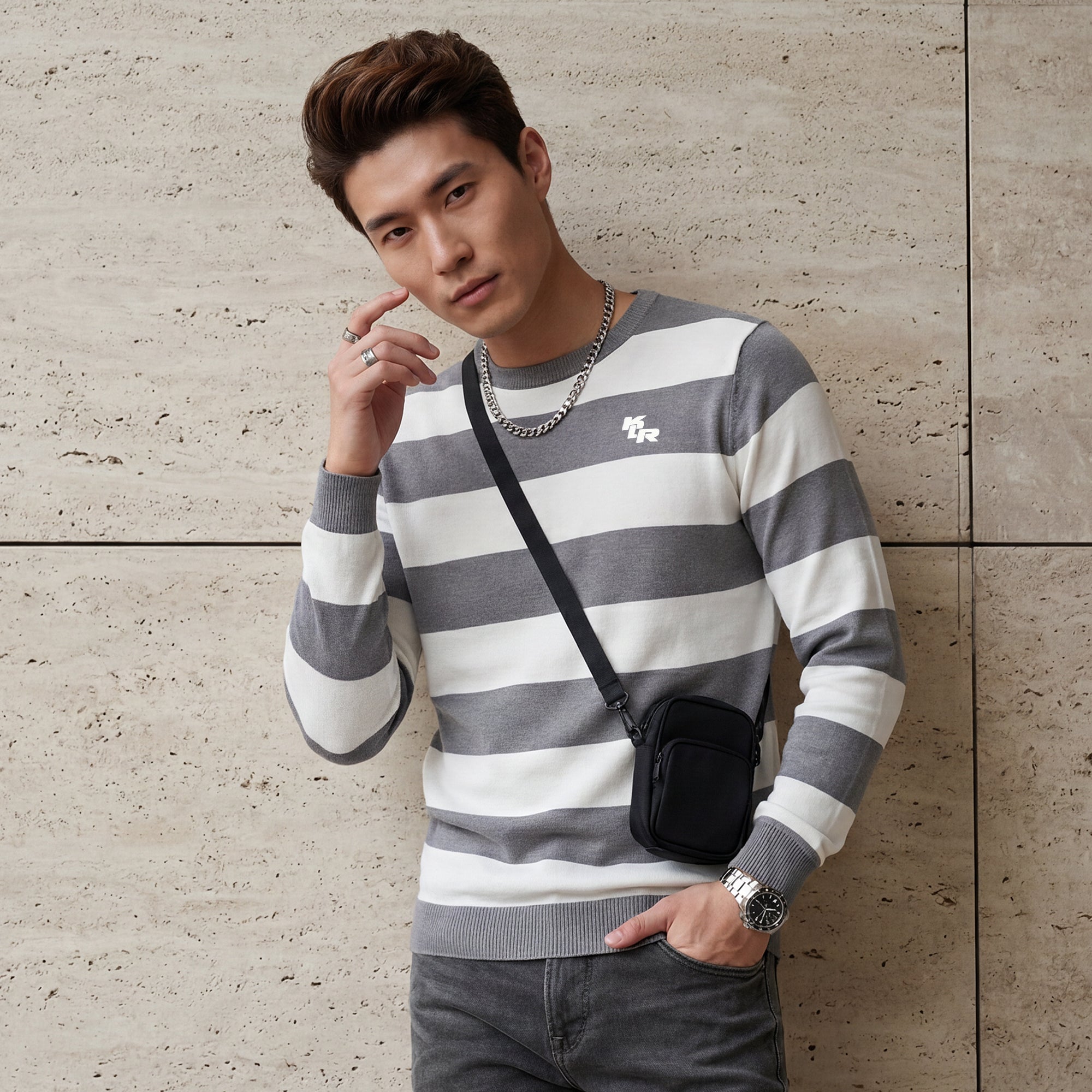 Killer Men Light Grey Striped Flat Knits
