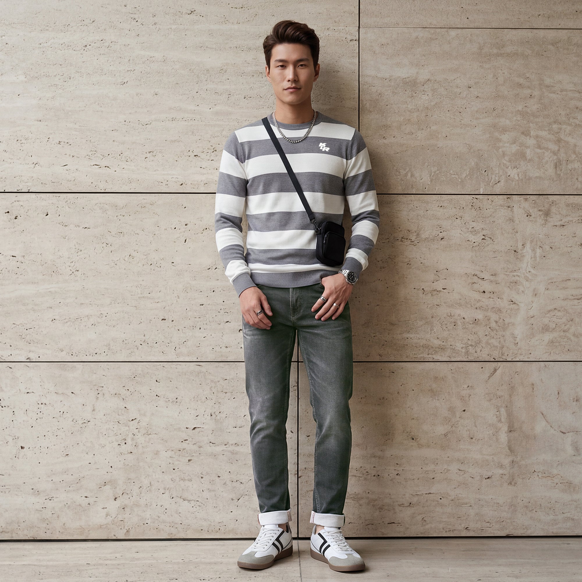 Killer Men Light Grey Striped Flat Knits