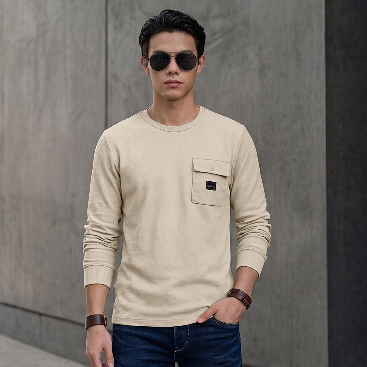 Killer Men Beige Solid Slim Fit T-Shirts