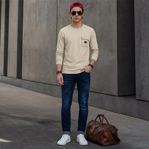 Killer Men Beige Solid Slim Fit T-Shirts