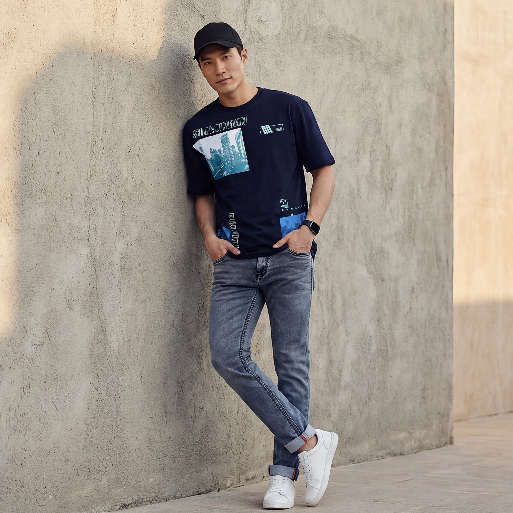 Killer Men Navy Blue Printed Round Neck T-Shirts