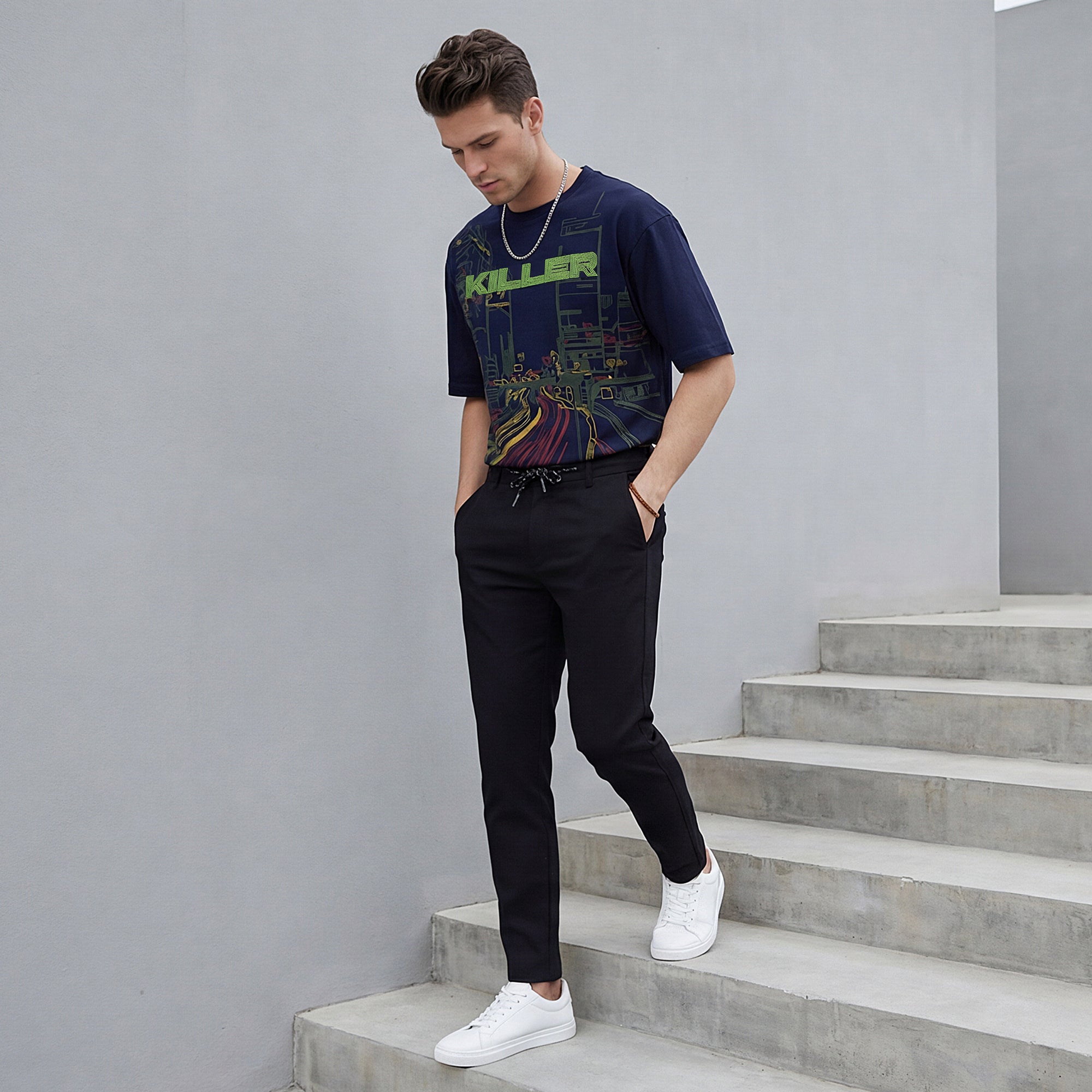 Killer Men Navy Blue Printed Round Neck T-Shirts