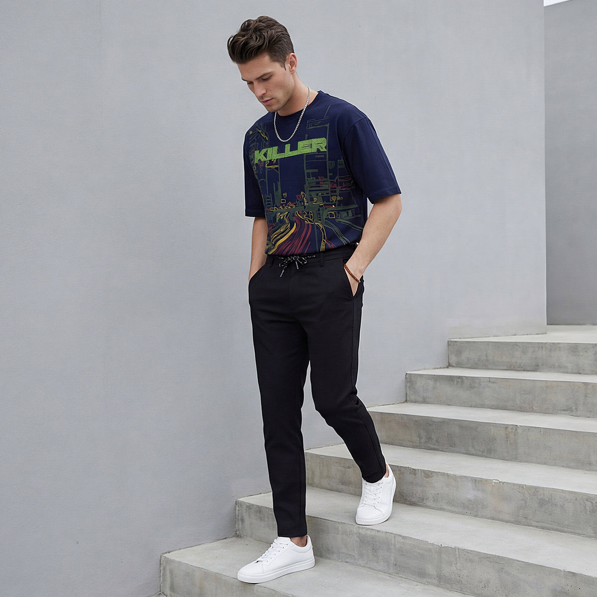 Killer Men Navy Blue Printed Round Neck T-Shirts
