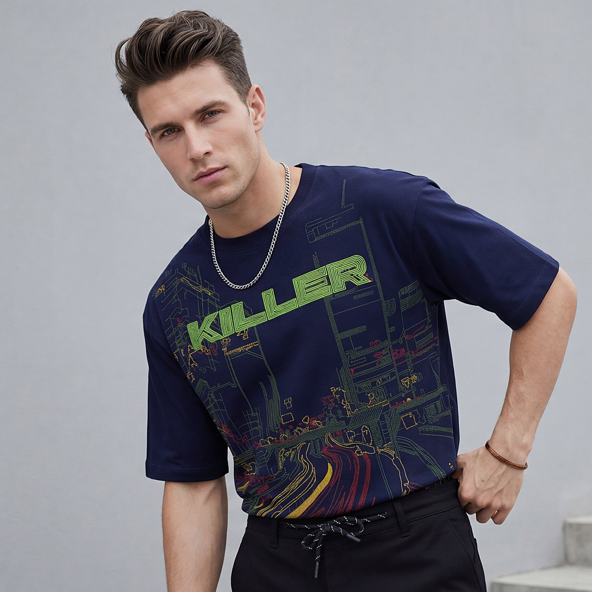 Killer Men Navy Blue Printed Round Neck T-Shirts