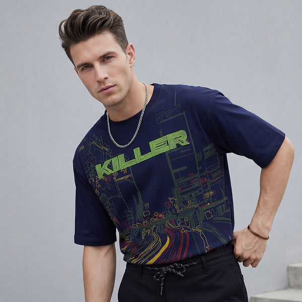 Killer Men Navy Blue Printed Round Neck T-Shirts