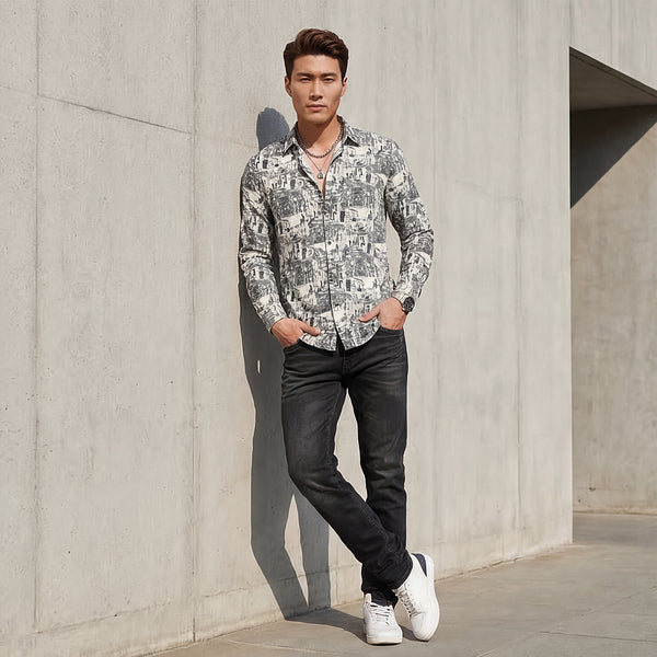 Full Sleeves Slim Fit Green Micro Cord Print Shirt
