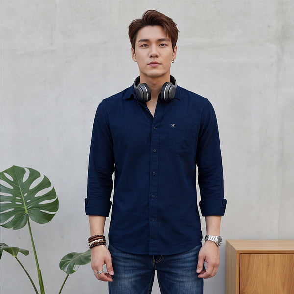 Full Sleeves Slim Fit Navy Doddy Structured Solid Shirt