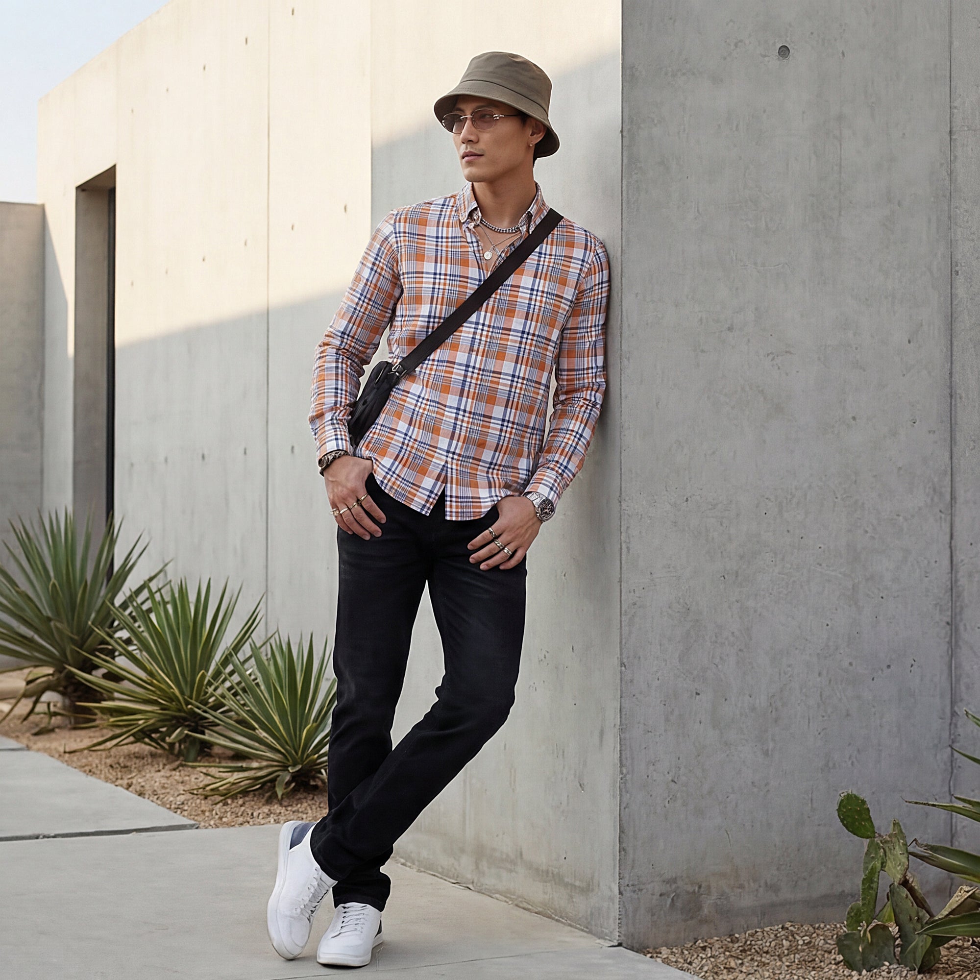 Men Orange Checks Slim Fit Shirt