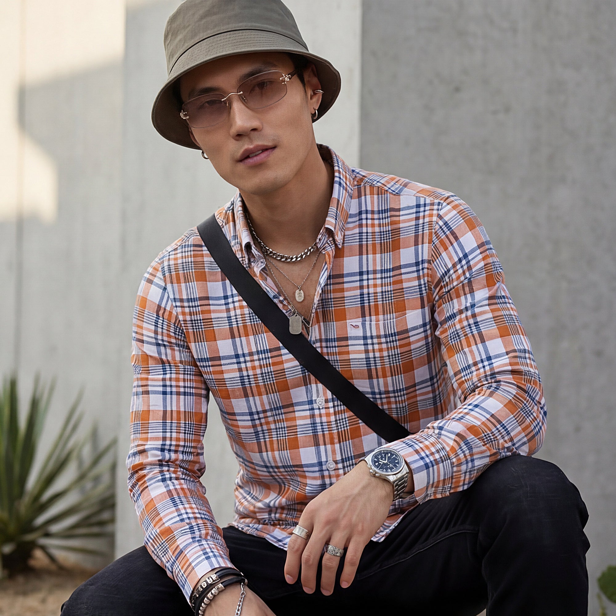 Men Orange Checks Slim Fit Shirt