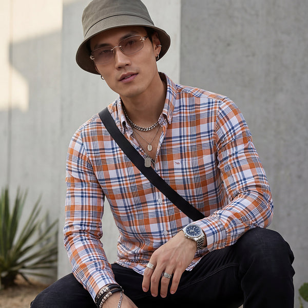 Full Sleeves Slim Fit Orange Button-Down Oxford Checks Shirt