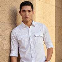 Full sleeves Slim Fit White Double Pocket Solid Shirt