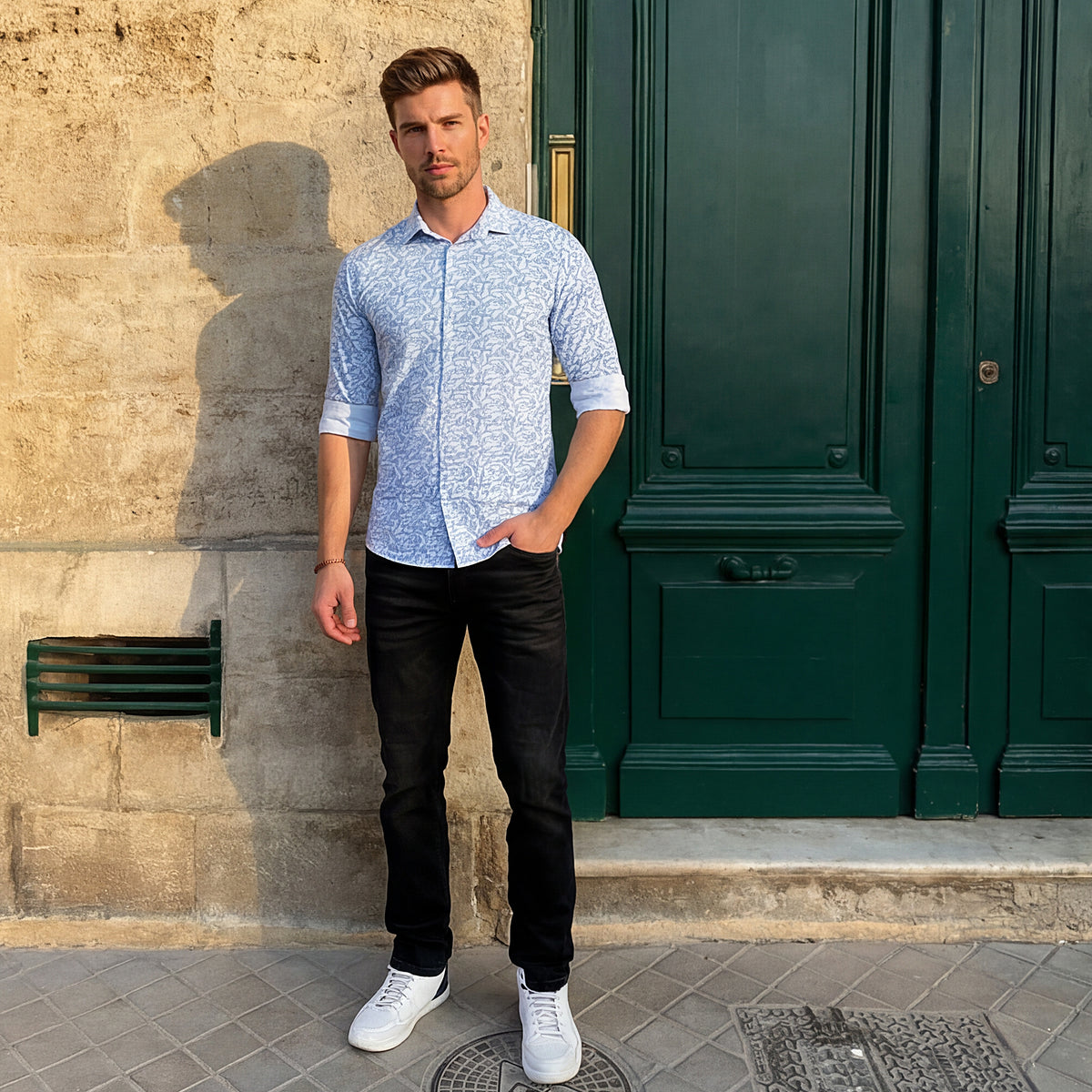 Men's Blue Printed Slim Fit Shirts