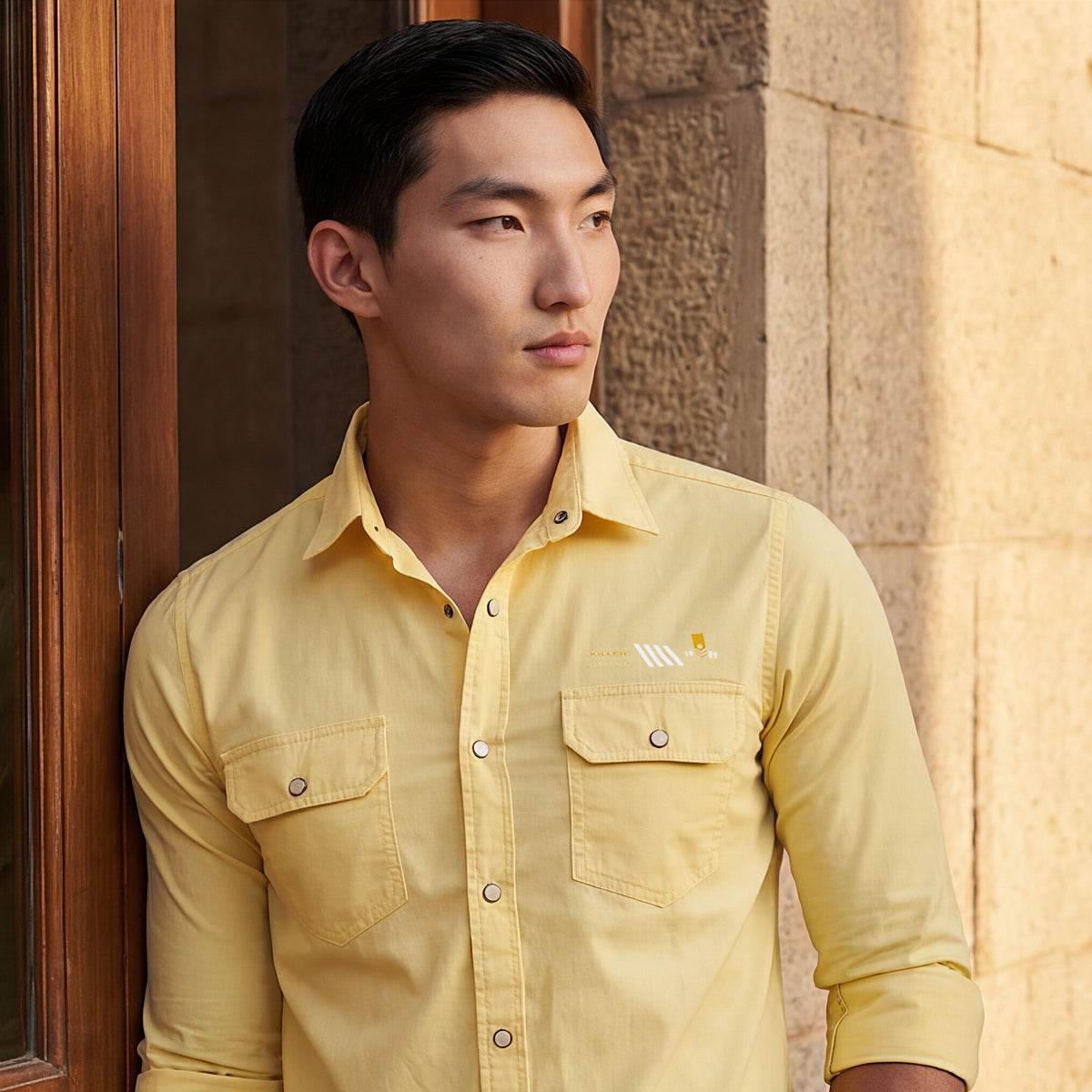 Short sleeves Slim Fit Lemon Yellow Double Pocket Solid Shirt