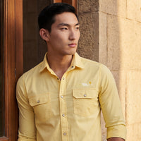 Short sleeves Slim Fit Lemon Yellow Double Pocket Solid Shirt