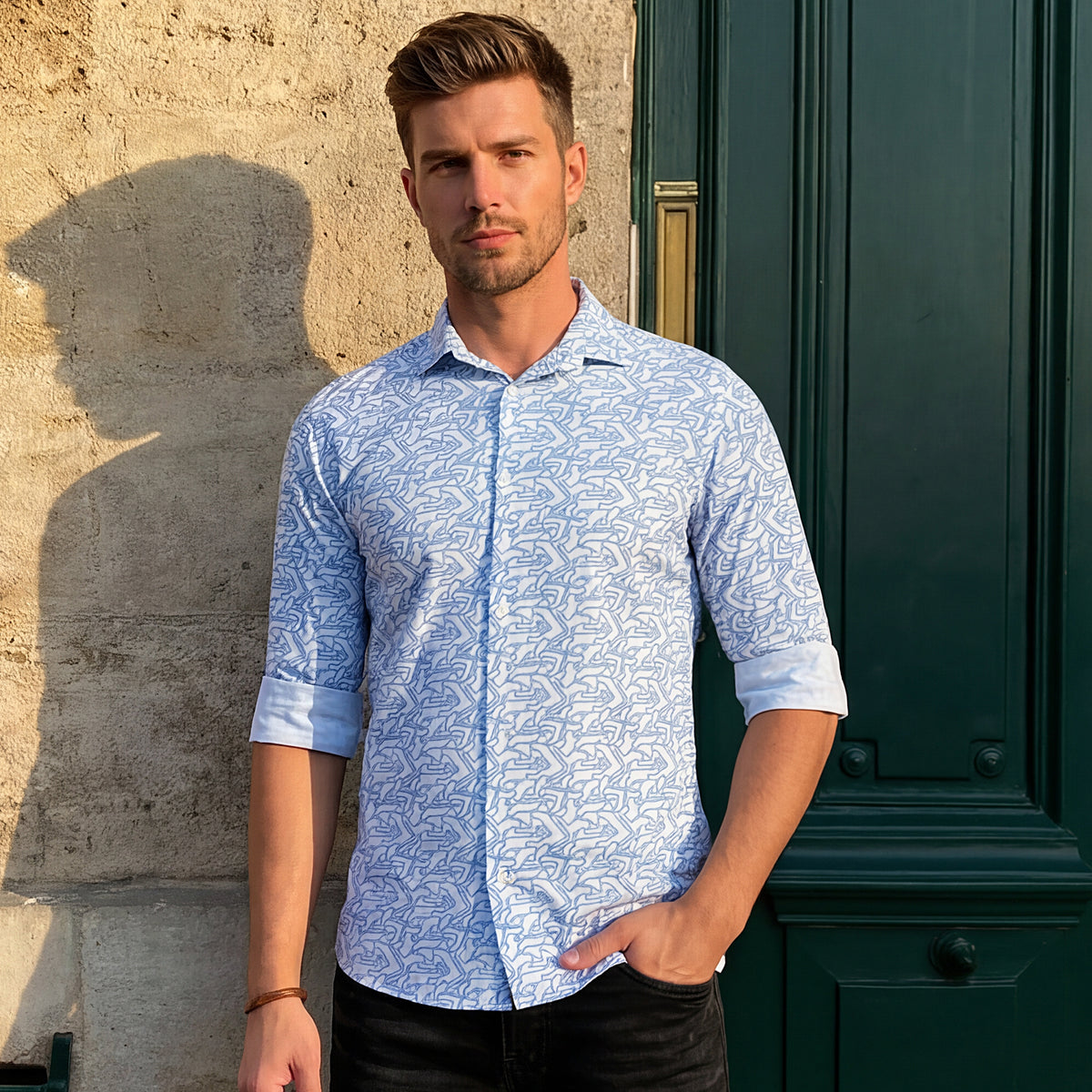 Men's Blue Printed Slim Fit Shirts
