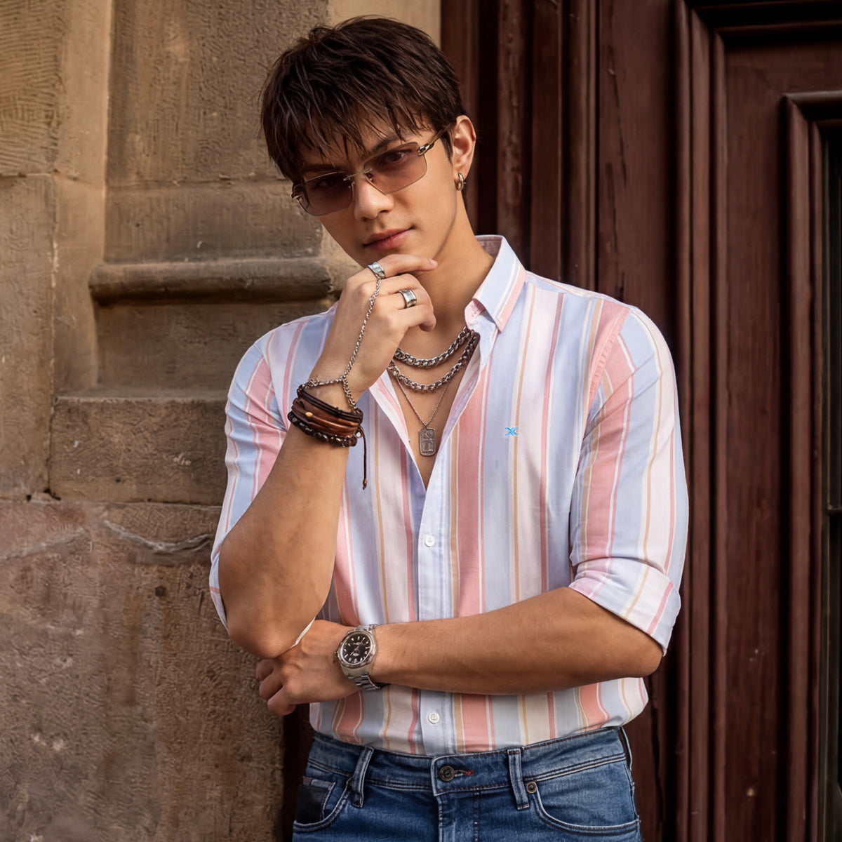 Full sleeves Slim Fit Red Multi Striper Oxford Shirt