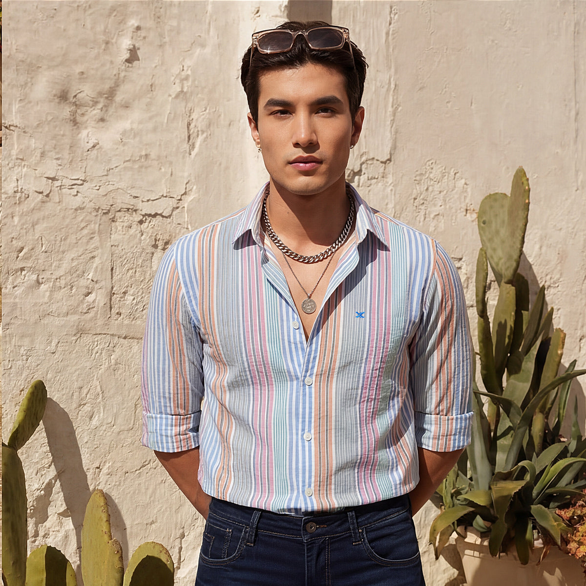 Full sleeves Slim Fit Pink Multi Striper Oxford Shirt