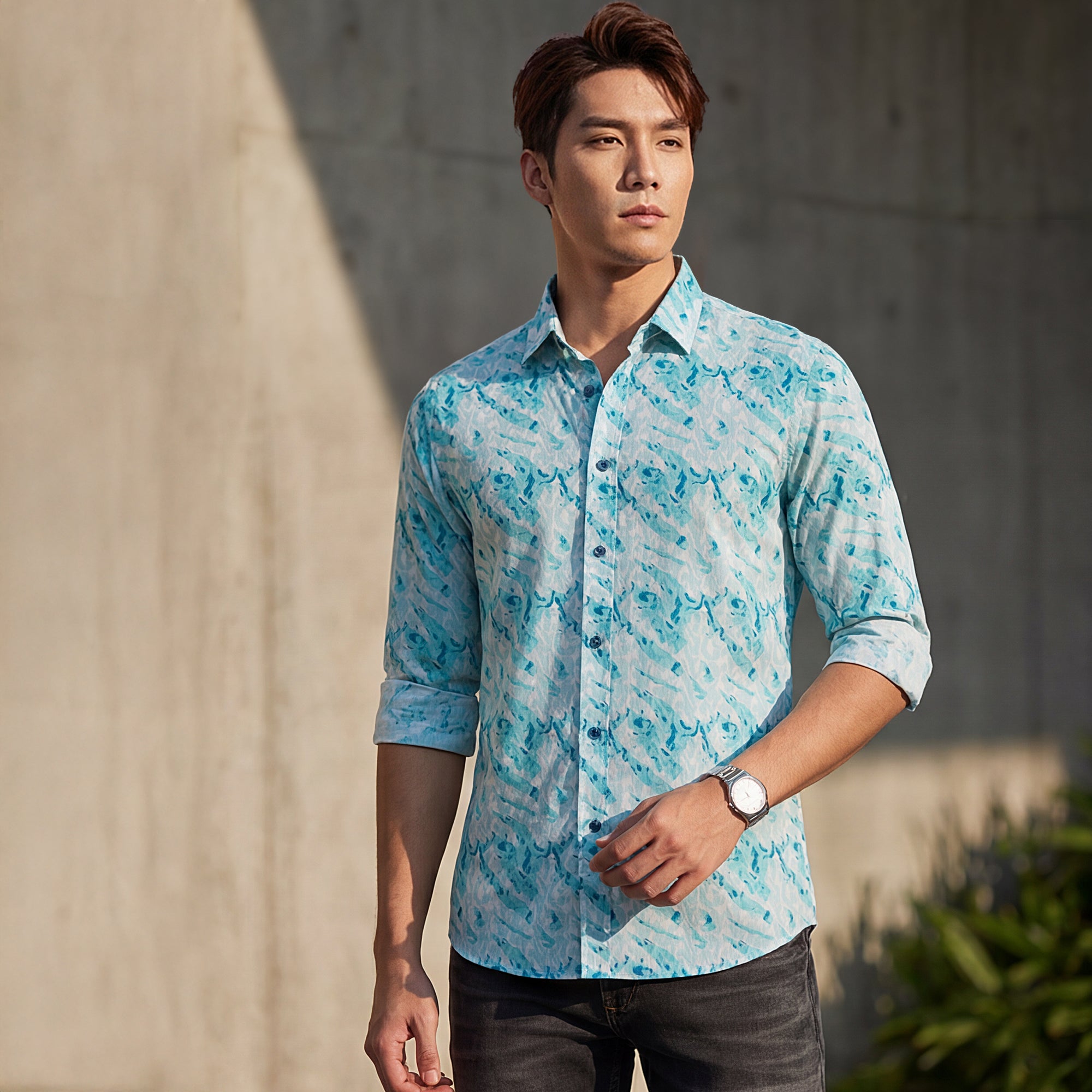 Men Blue Printed Slim Fit Shirt