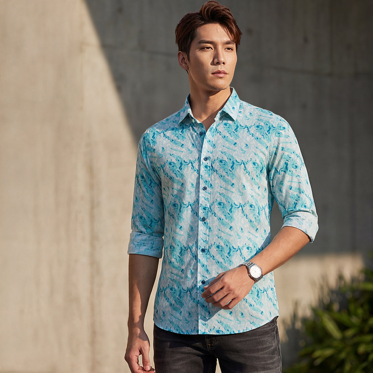 Full sleeves Slim Fit Blue Abstract Wave Brush Print Shirt