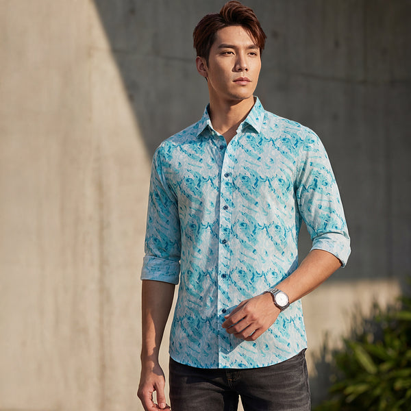 Full sleeves Slim Fit Blue Abstract Wave Brush Print Shirt