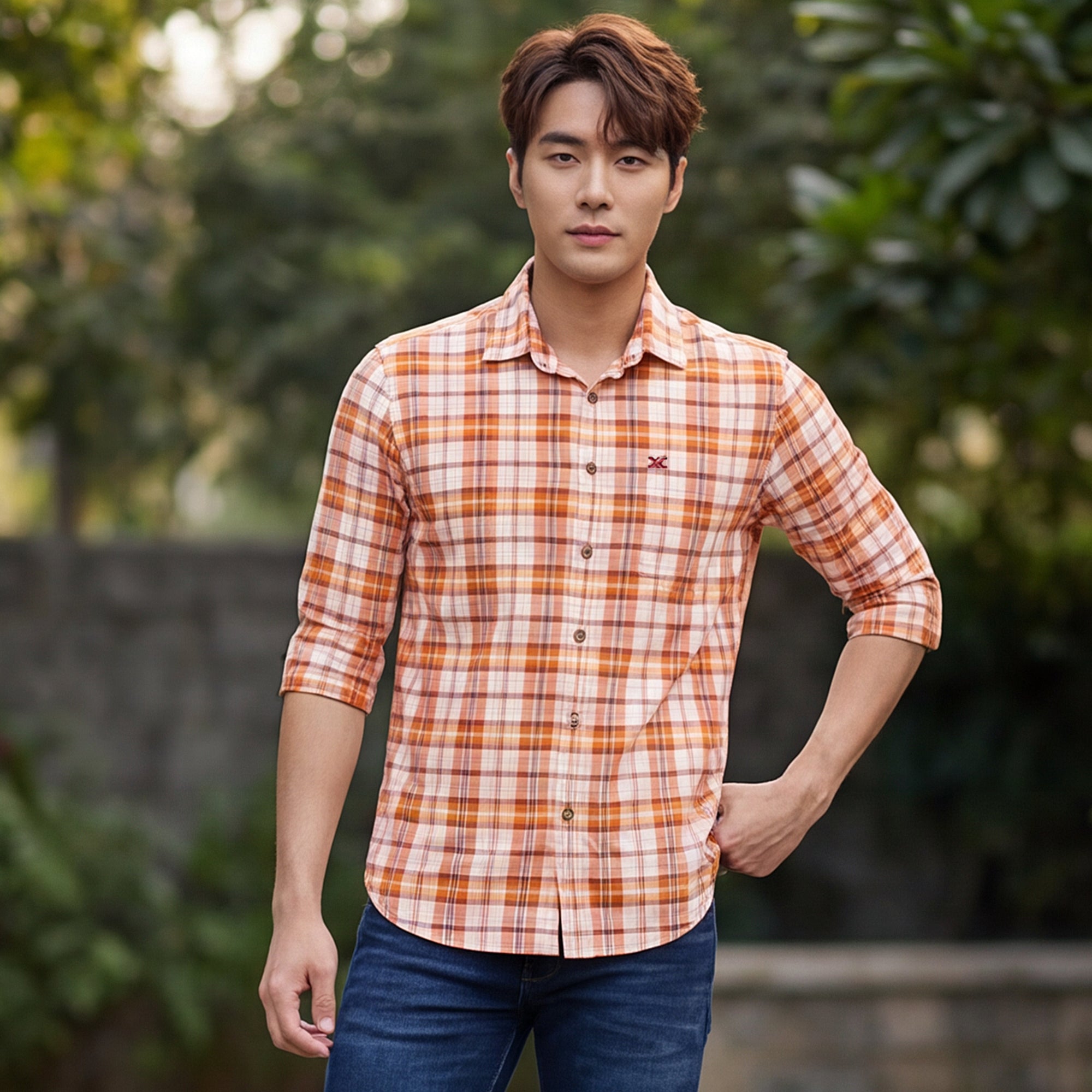 Men Orange Checks Slim Fit Shirt