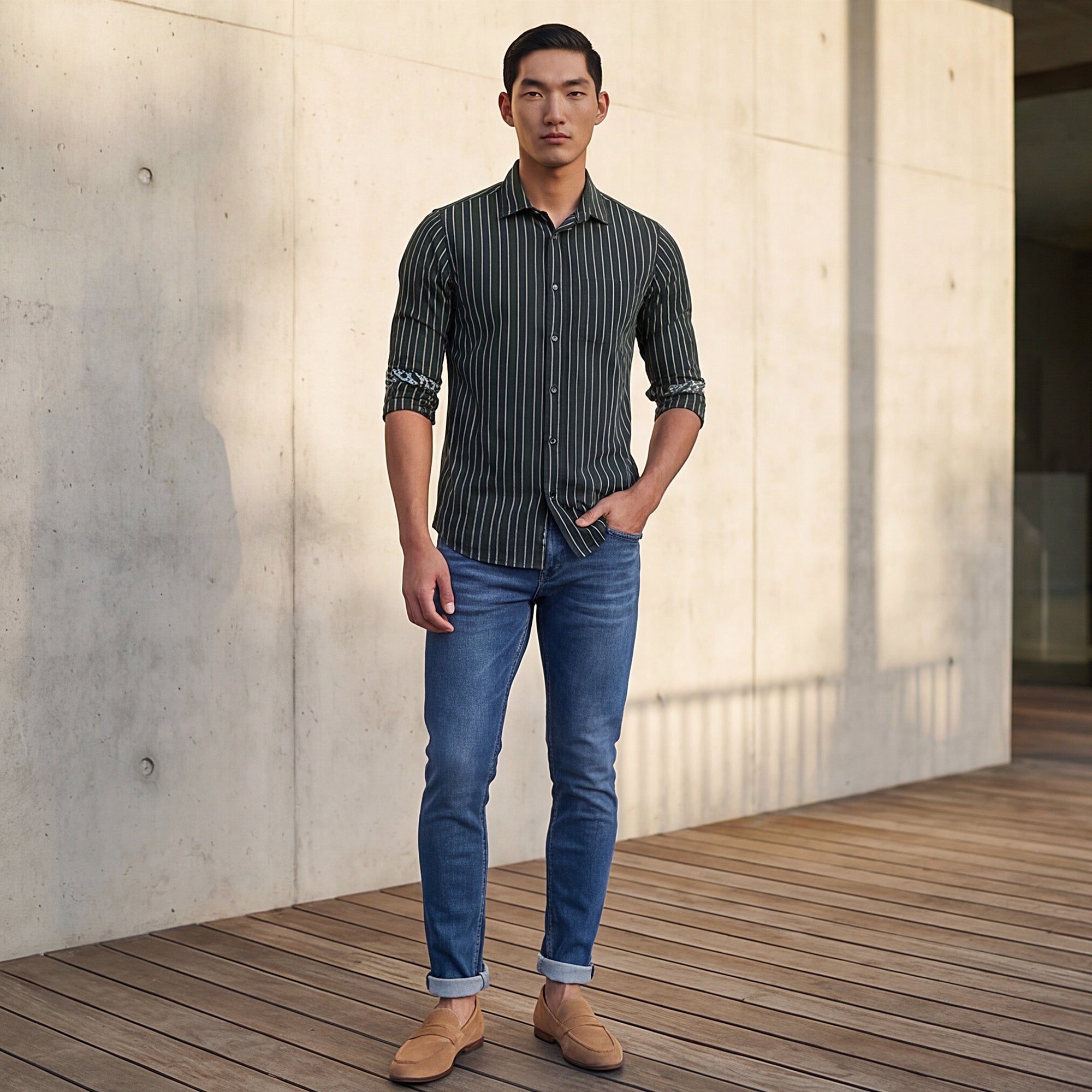 Full sleeves Slim Fit Navy Structured Striper Shirt
