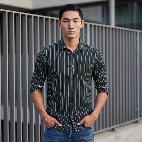 Full sleeves Slim Fit Navy Structured Striper Shirt