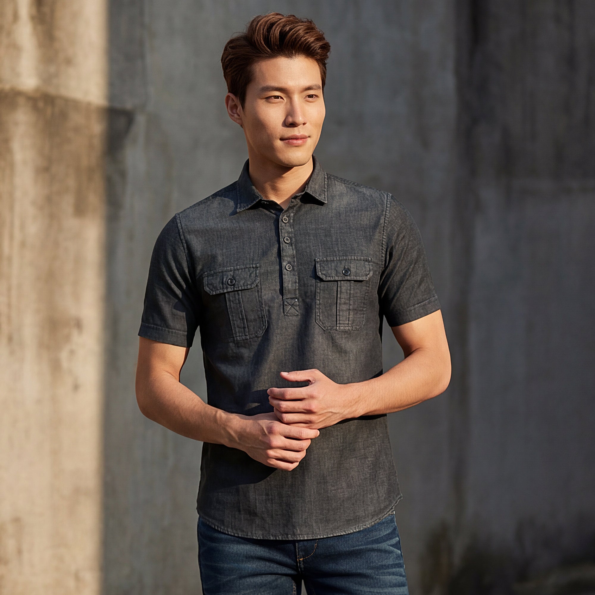 Short sleeves Slim Fit  Mid Black Washed kurta Placket Indigo Solid Shirt
