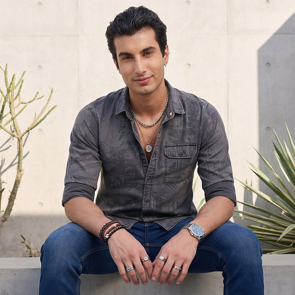 Full sleeves Slim Fit Mid Grey Washed Indigo Print Shirt