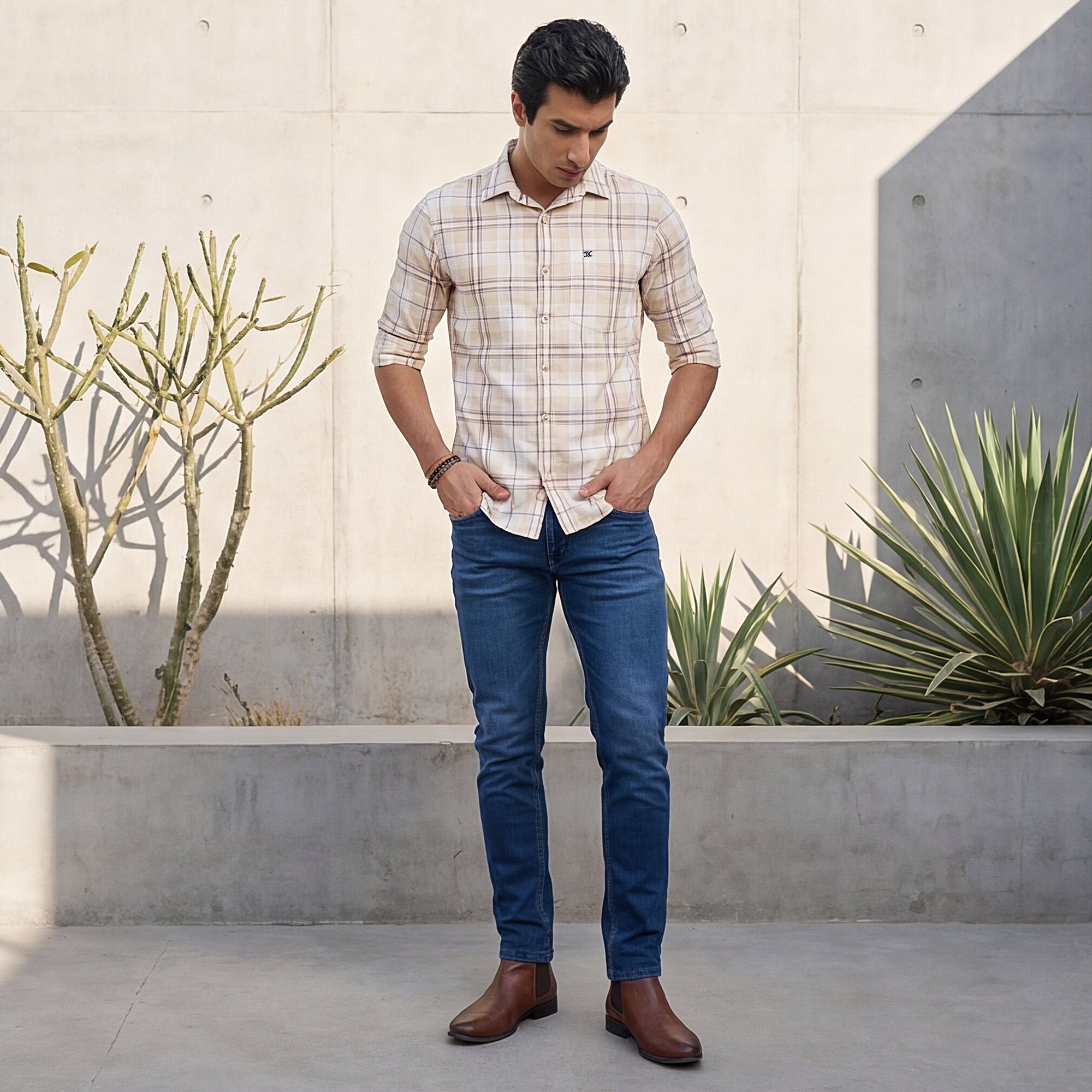 Men Beige Checks Slim Fit Shirt