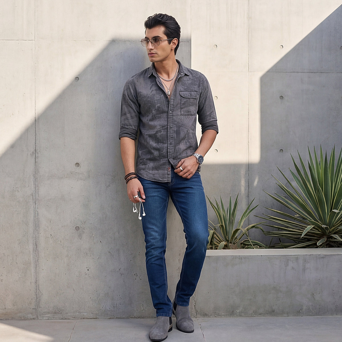 Full sleeves Slim Fit Mid Grey Washed Indigo Print Shirt