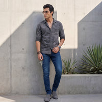 Full sleeves Slim Fit Mid Grey Washed Indigo Print Shirt
