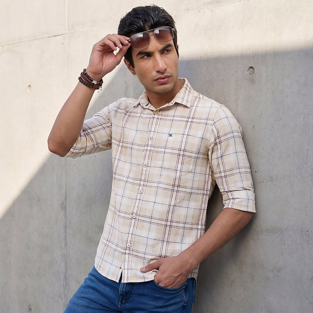 Full sleeves Slim Fit Beige Mix Structured Checks Shirt