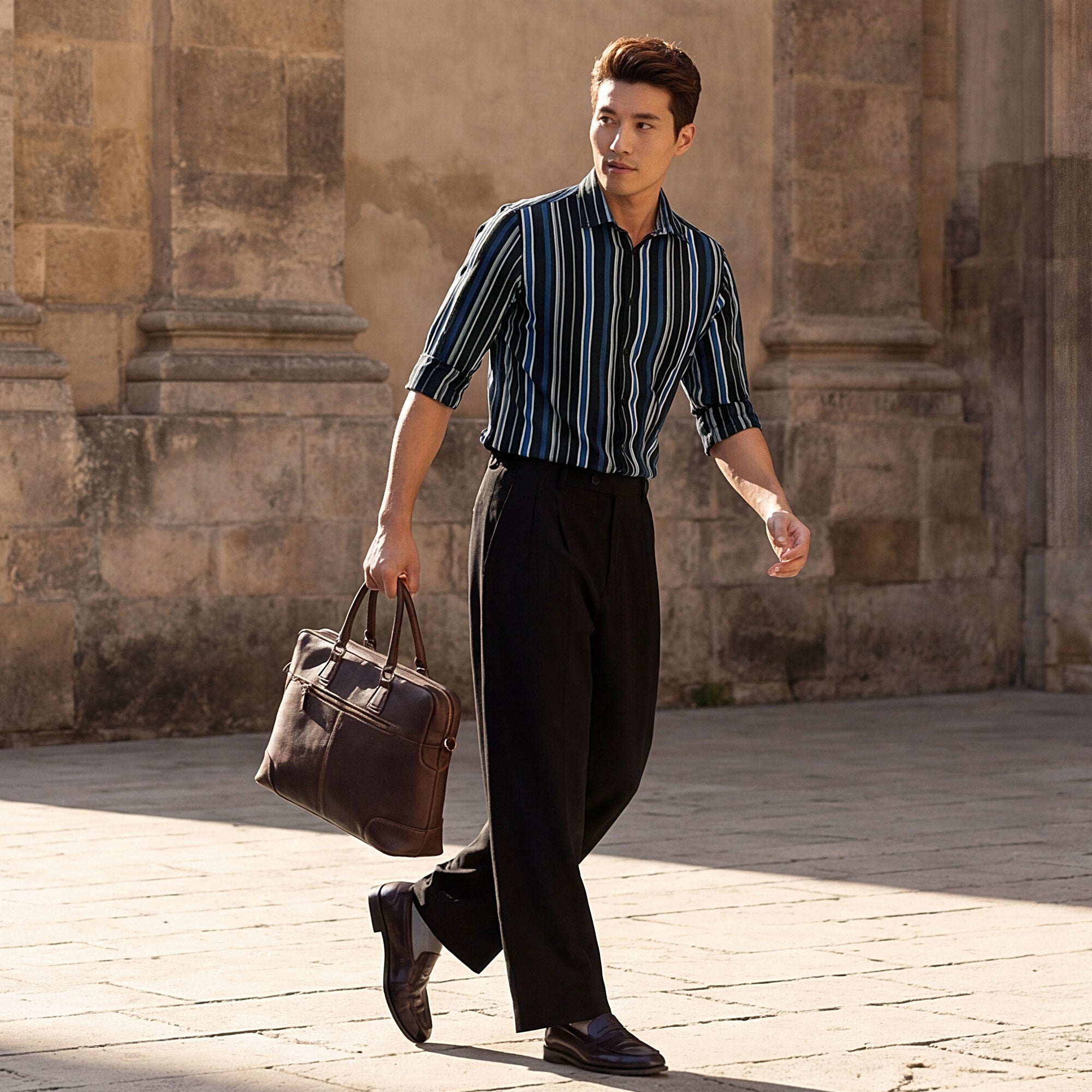 Full sleeves Slim Fit Black Structured Striper Shirt