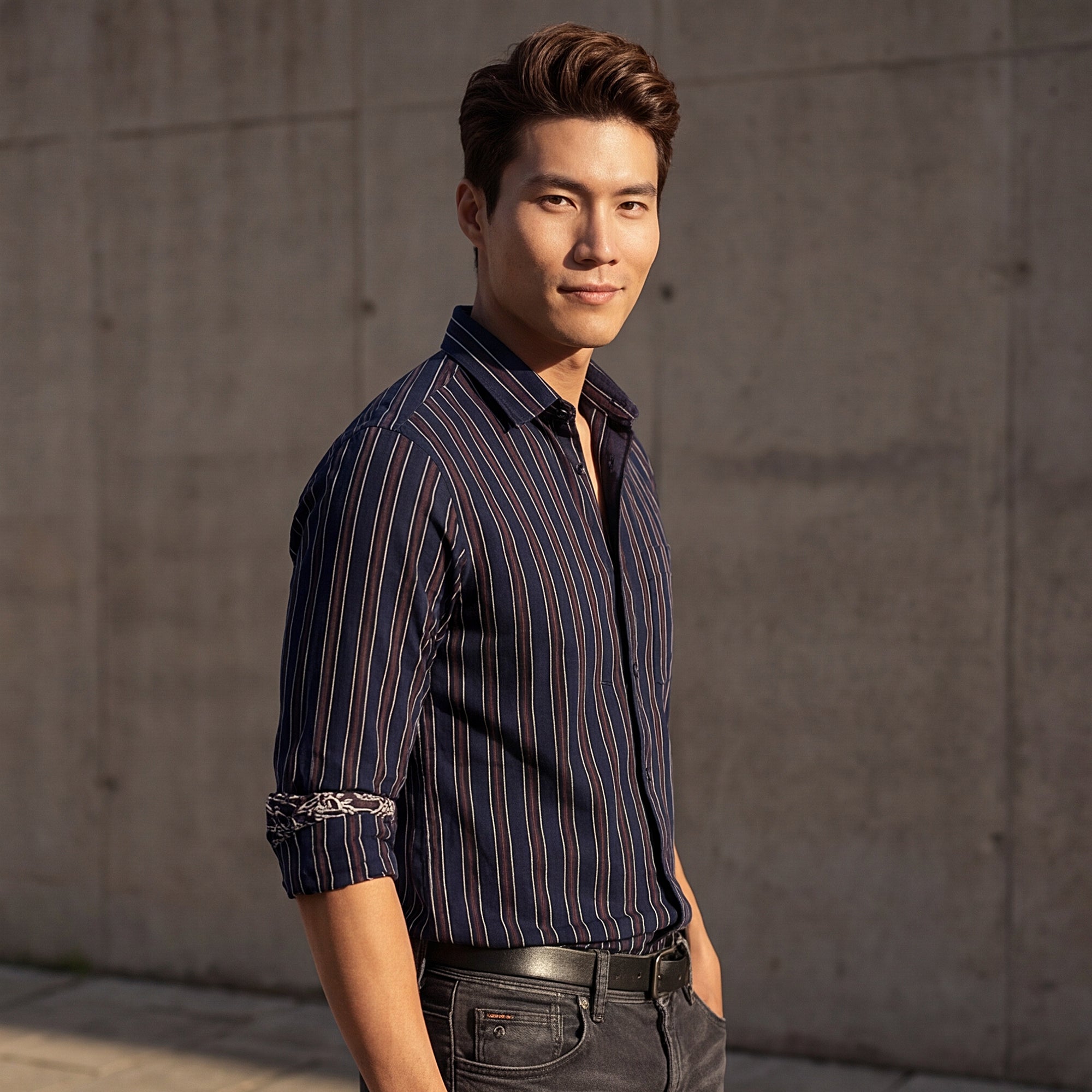Full sleeves Slim Fit Navy Structured Striper Shirt