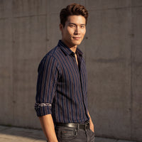 Full sleeves Slim Fit Navy Structured Striper Shirt