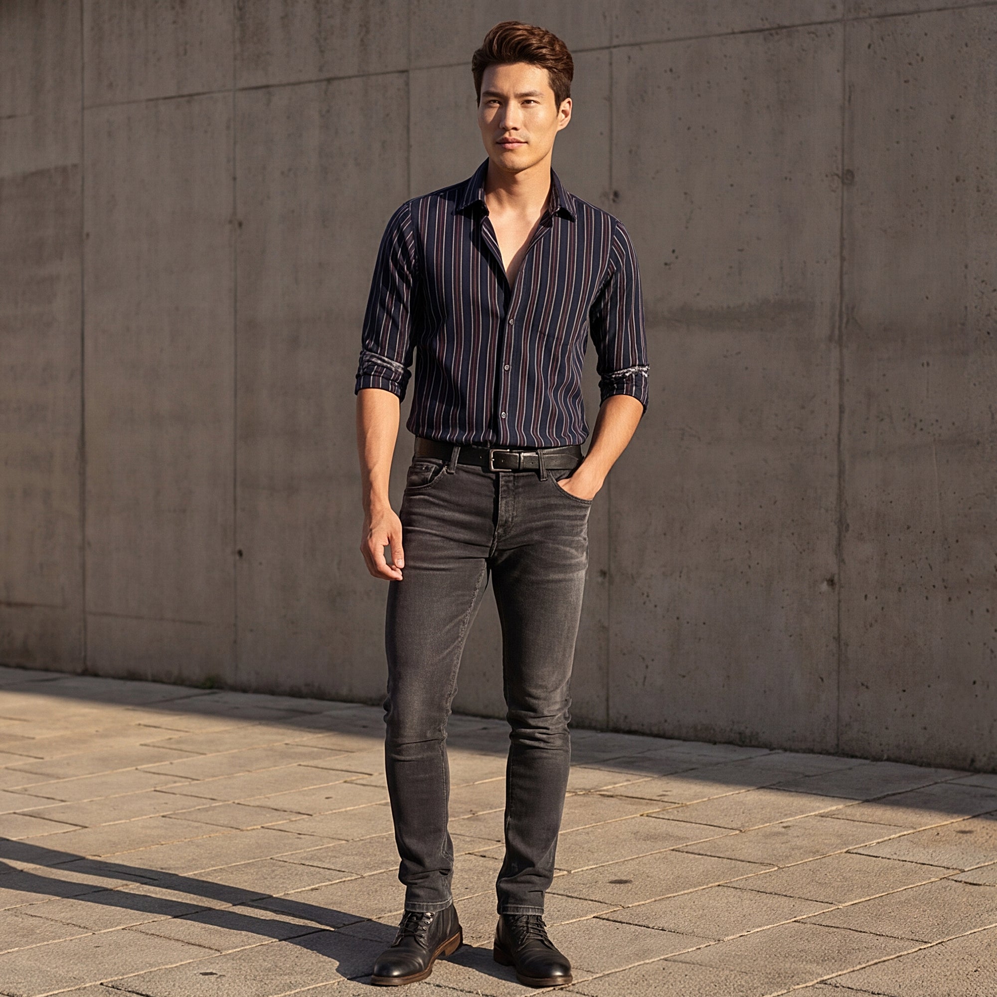 Full sleeves Slim Fit Navy Structured Striper Shirt