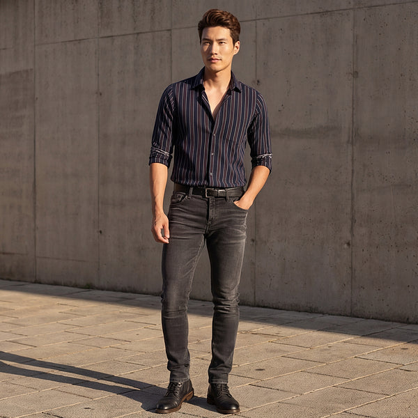Full sleeves Slim Fit Navy Structured Striper Shirt