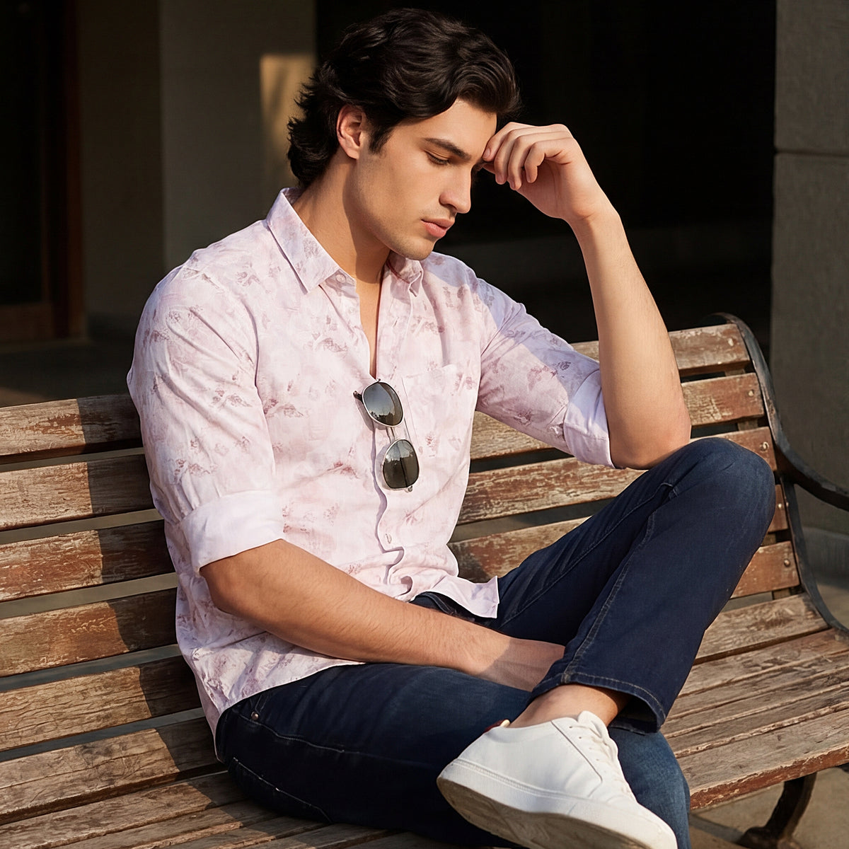 Full sleeves Slim Fit Pink Geomatric Linear Print Shirt