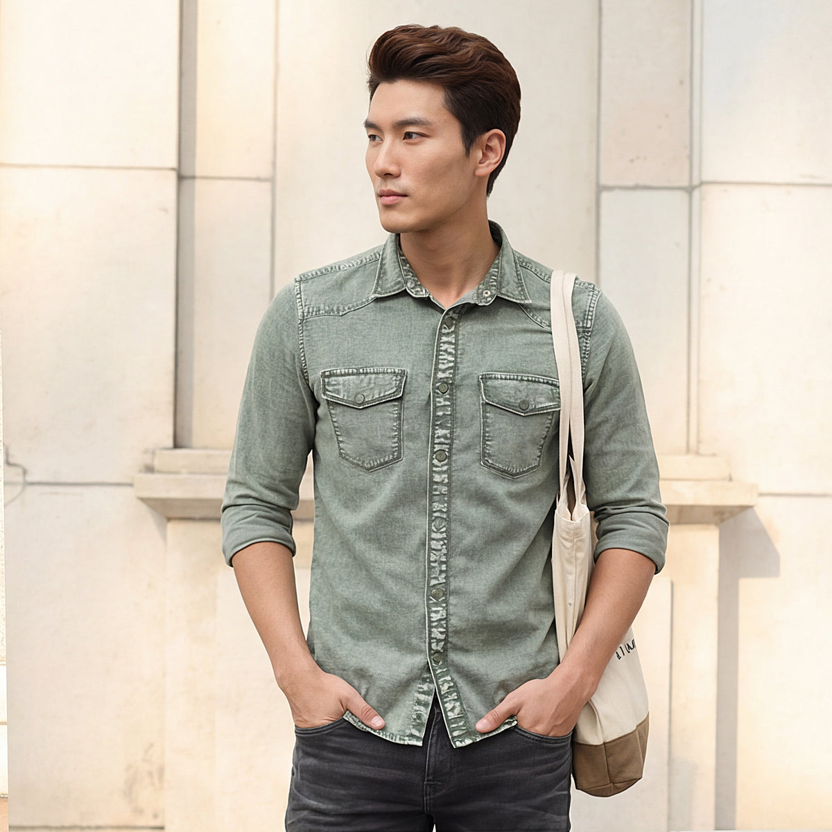 Short sleeves Slim Fit Olive Heavy Washed Double Pocket Solid Shirt