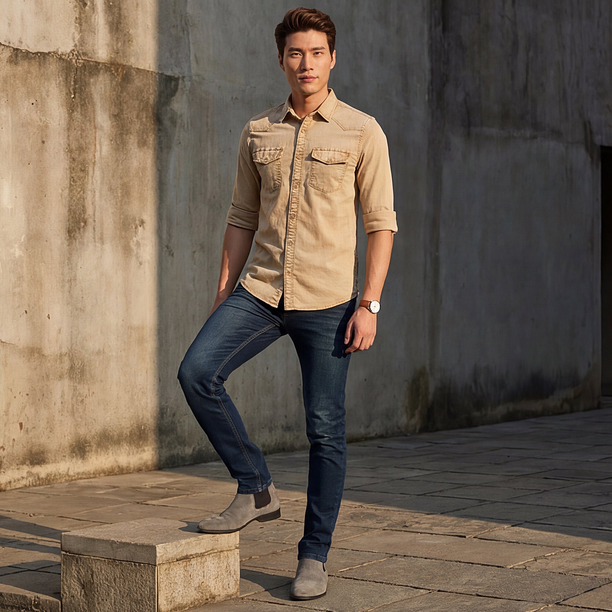 Men Khaki Solid Slim Fit Shirt