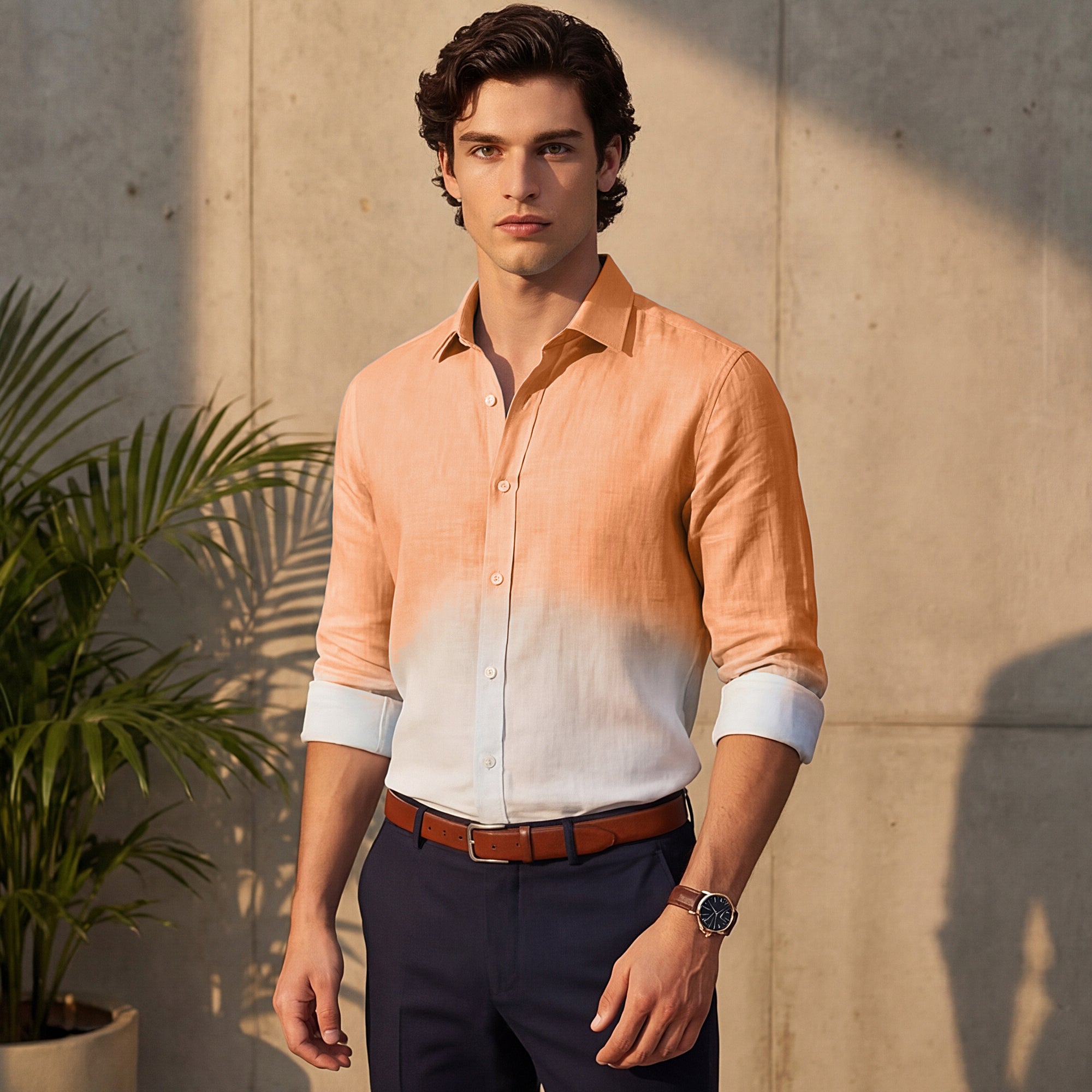 Full sleeves Slim Fit Peach Ombre Slub Print Shirt