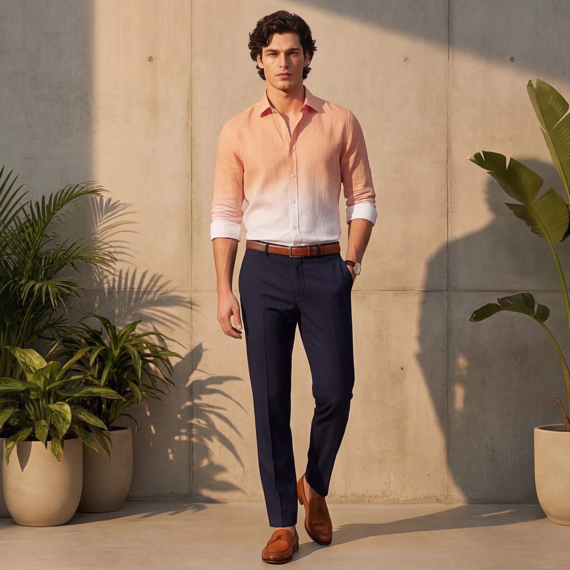 Full sleeves Slim Fit Peach Ombre Slub Print Shirt