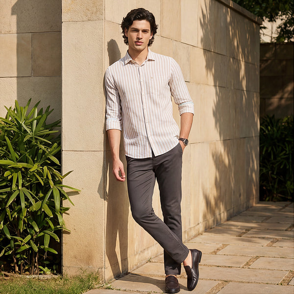 Full sleeves Slim Fit Beige Srtiper Shirt