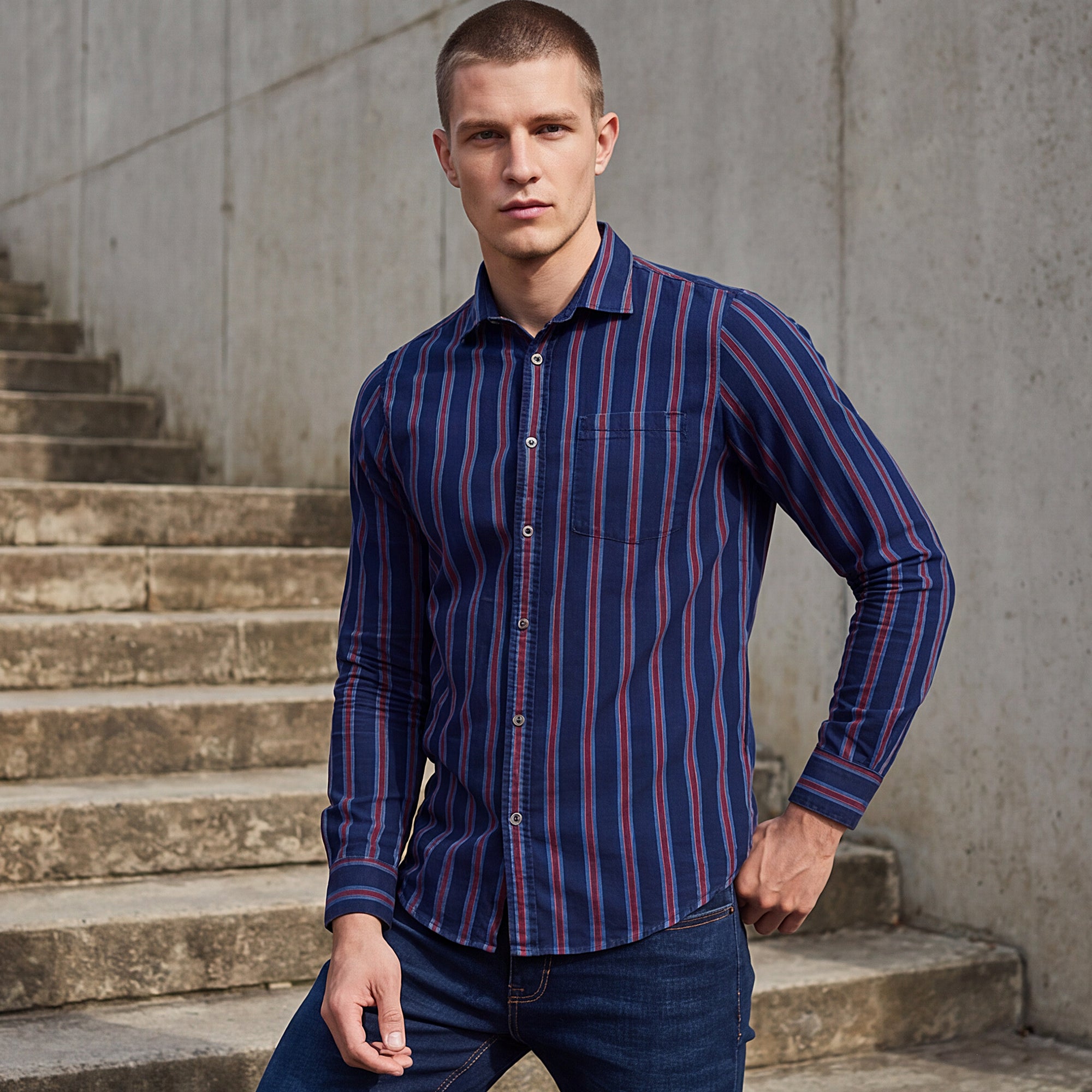 Full sleeves Slim Fit Dark Blue Dark Wash Indigo Srtiper Shirt