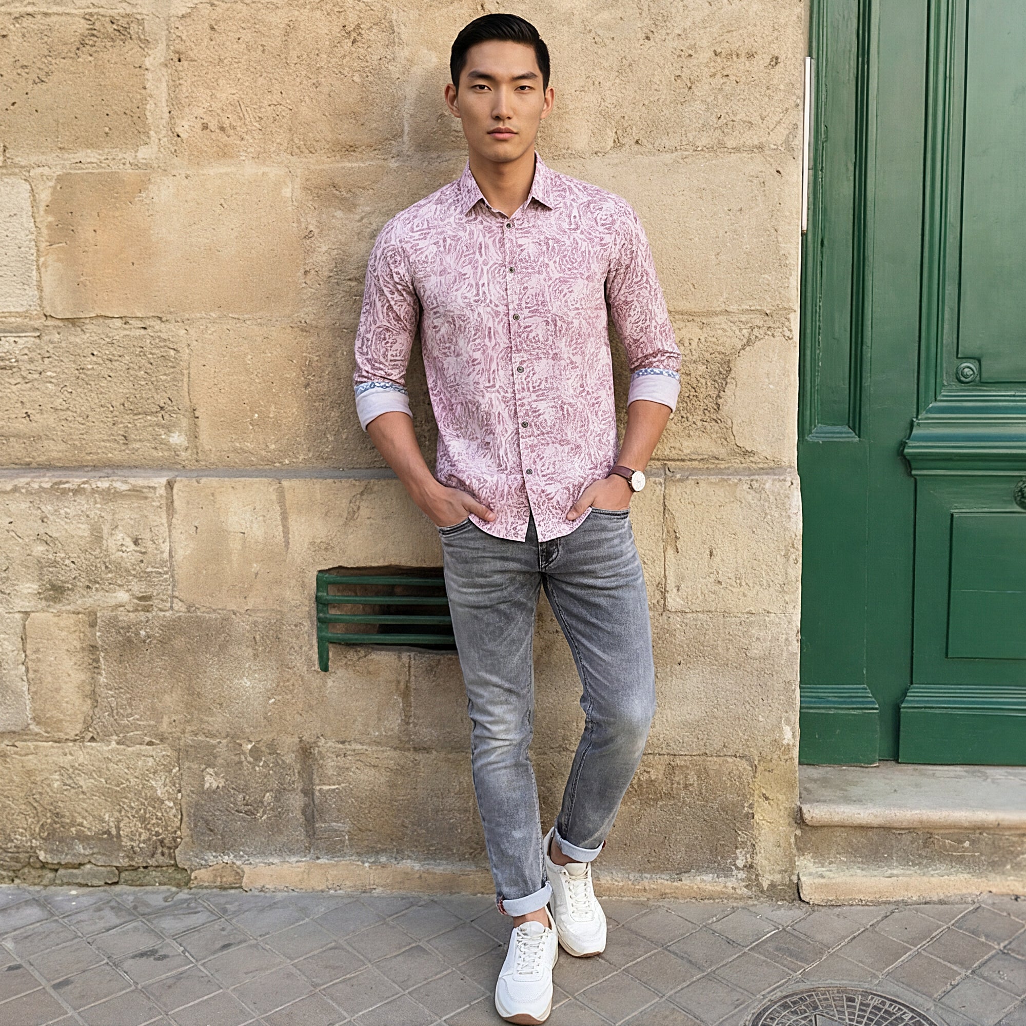 Full sleeves Slim Fit Maroon Abstract Botanical Brush Print Shirt