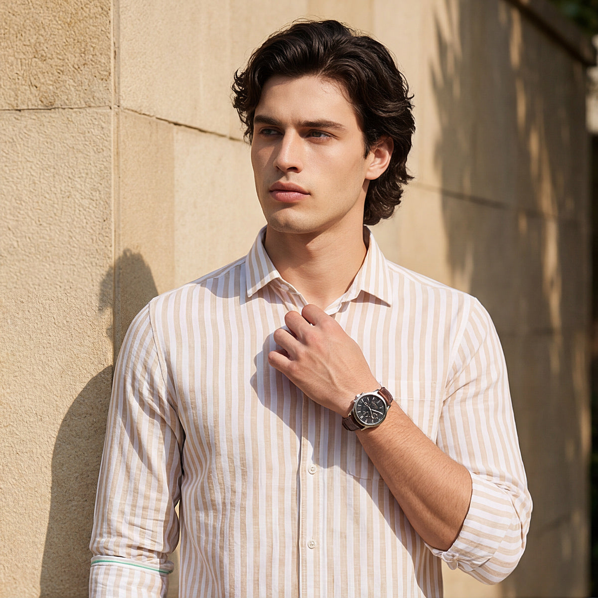 Full sleeves Slim Fit Beige Srtiper Shirt