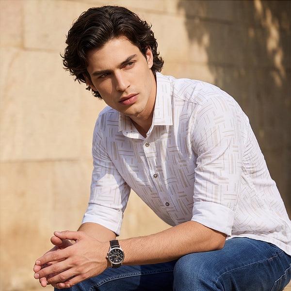 Men's Beige Printed Slim Fit Shirts
