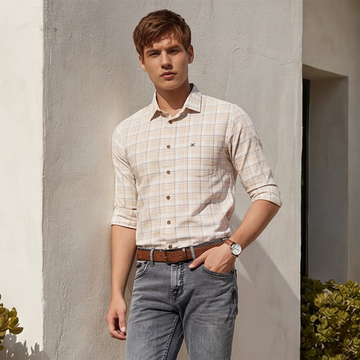 Full sleeves Slim Fit Lime Tonal Checks Shirt