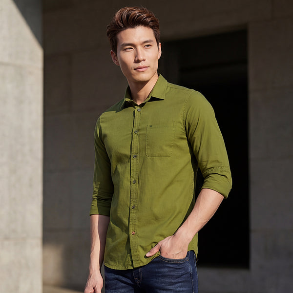 Full sleeves Slim Fit Olive Cambric Solid Shirt
